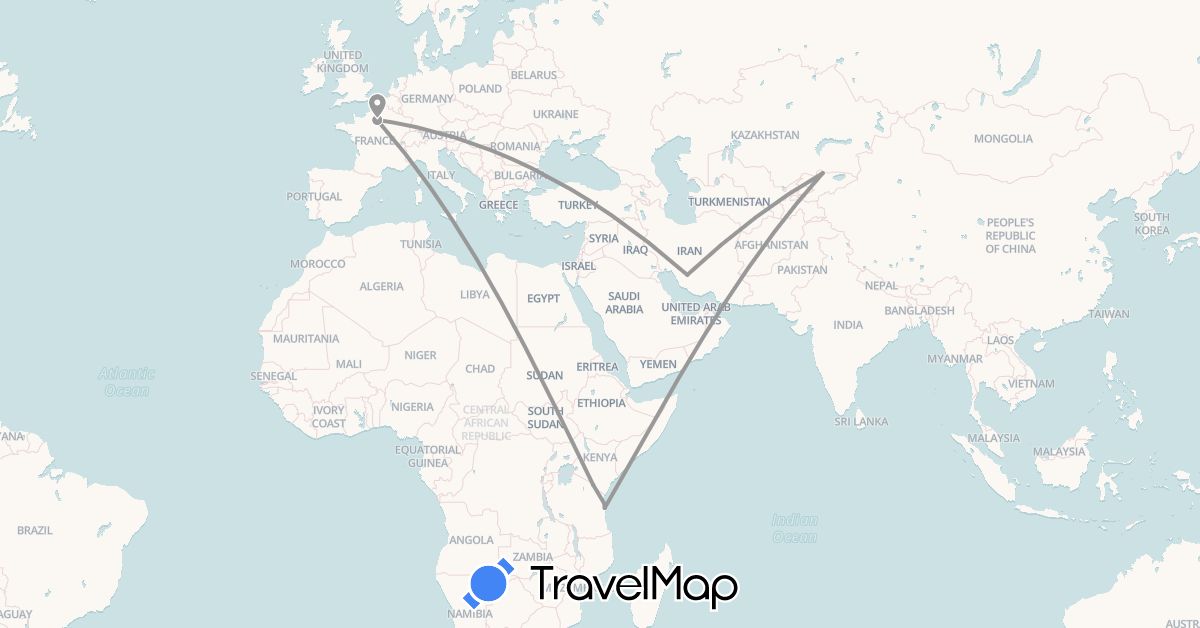 TravelMap itinerary: plane in France, Iran, Kyrgyzstan, Tanzania (Africa, Asia, Europe)